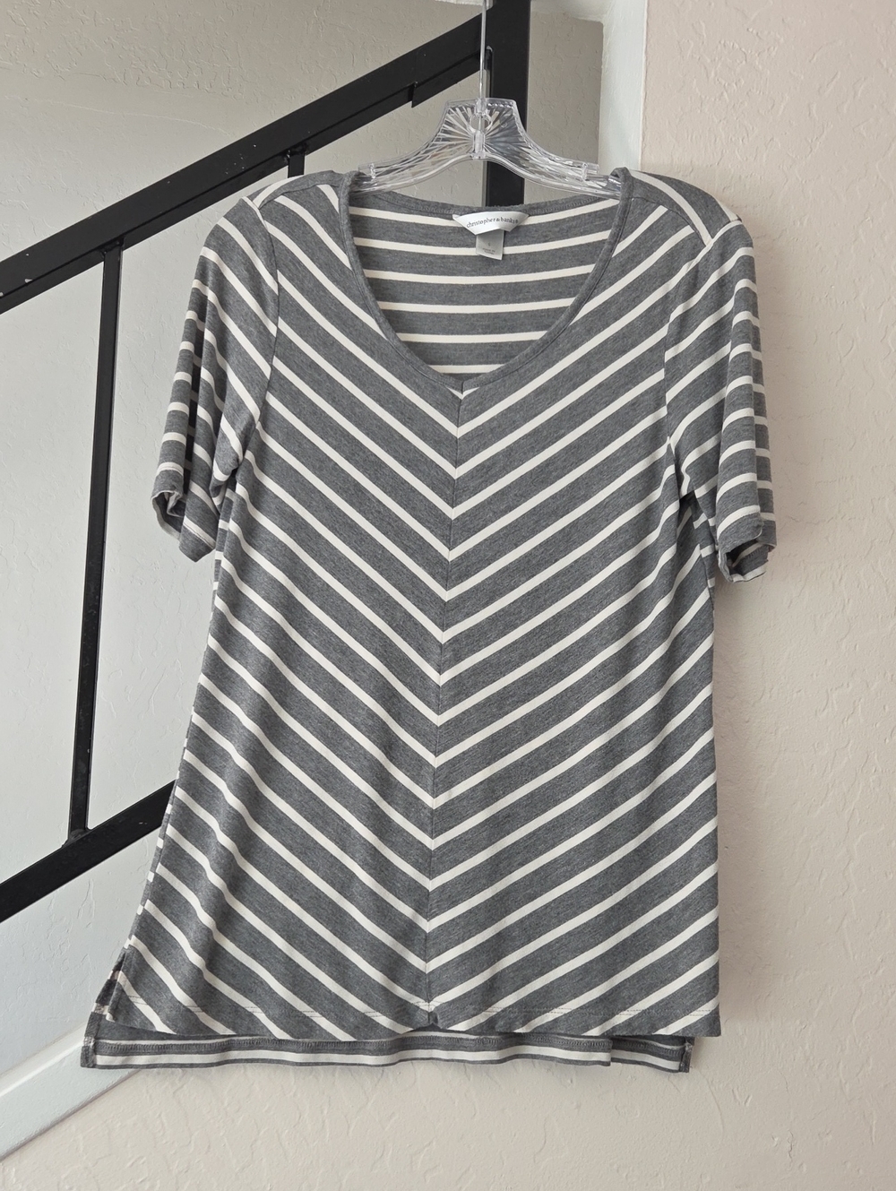 Gray & White Striped V-Neck Women’s Top Size S